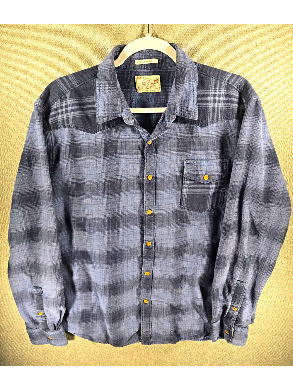 Lucky Brand Men's L Blue Plaid Cotton Flannel Button-Up Shirt Pockets Calif Fit
